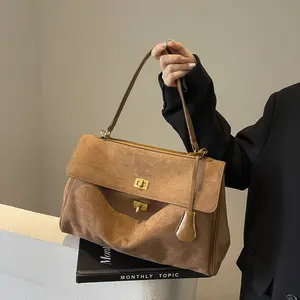 Vintage Suede Women’s Shoulder Bag Retro Lock Crossbody Everyday Handbag
