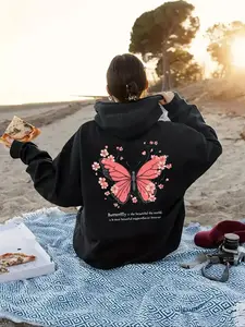 Butterfly & Floral Print Drop Shoulder Hoodie, Fashion Casual Drawstring Pocket Hooded Sweatshirt for Daily Holiday Outdoor Wear, Women Clothing for Fall & Winter