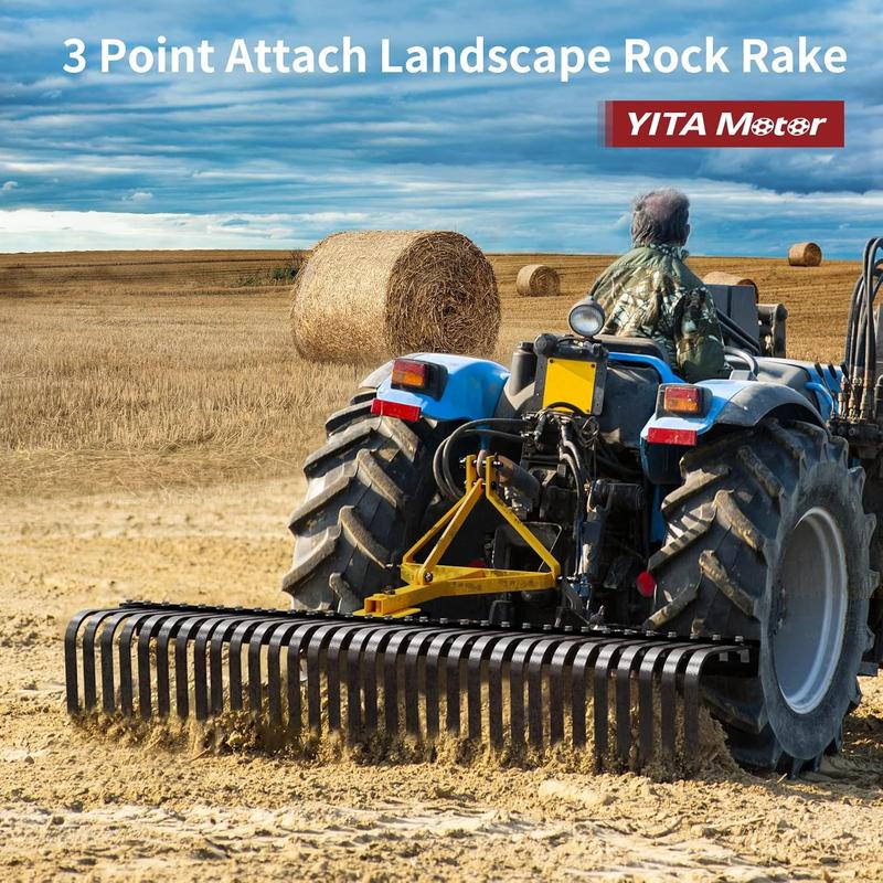 YITAMOTOR 5 FT Landscape Rock Rake, 3 Point Attach Rake with 360 Degree Rotation Tow-Behind Garden Tool for Compact Tractors, Category 1