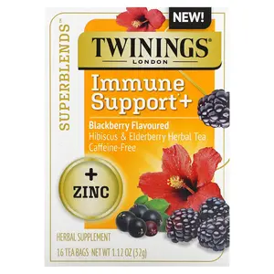 Twinings Superblends™, Immune Support+ Hibiscus & Elderberry Herbal Tea, Blackberry, Caffeine-Free, 16 Tea Bags, 1.12 oz (32 g)
