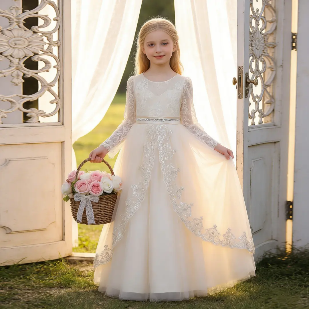 Girls' 2301 White Long-Sleeve Maxi Dress - Lace, Sequins, Floral Embroidery, Elegant Princess Look, Birthday Party Outfits for Formal Occasions, Lace Details