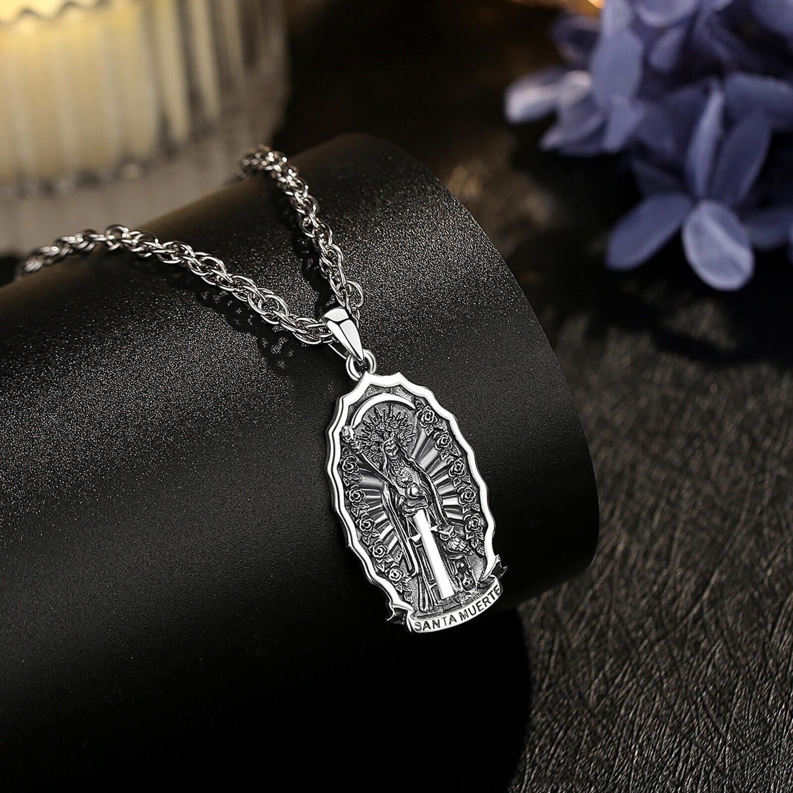 Eudora S925 Sliver Santa Muerte Necklace, Silver Grim Reaper Pendant, Mexican Saint Medallion,  Memento Mori Amulet, Protective Sigils Jewelry