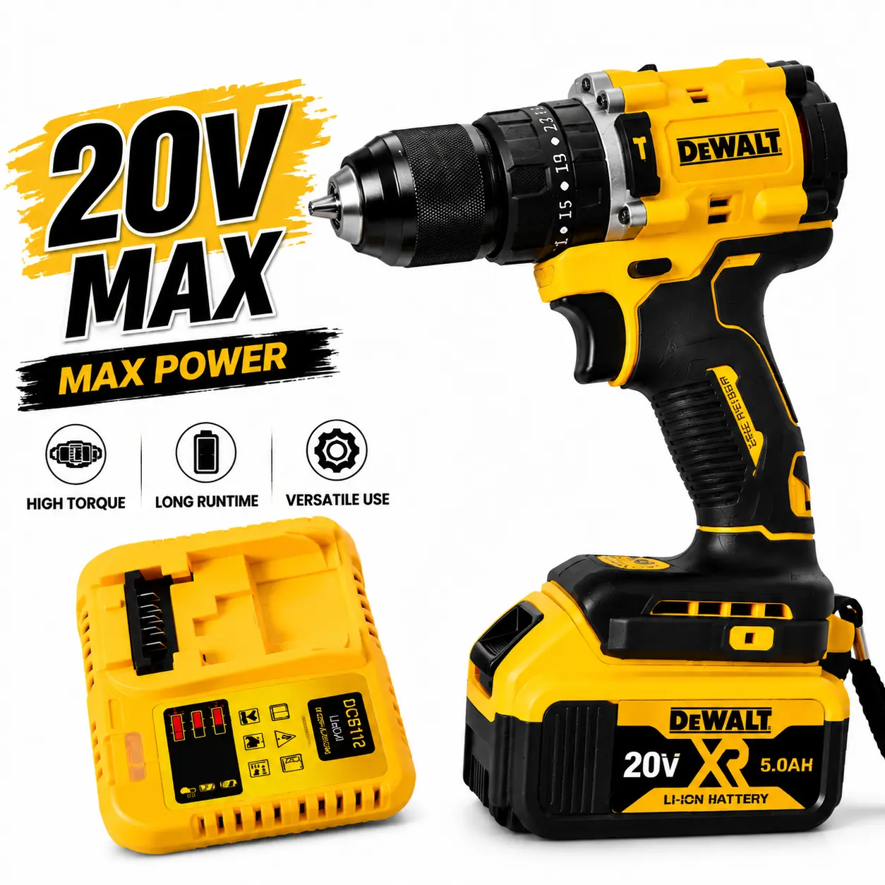 []DEWALT Yellow Cordless Drill Set - High Torque Drilling & Screw Driving Tool with Durable Metal Gears, High-Strength Plastic Housing, Powerful Performance, Long Battery Life, Lightweight Design for DIY & Home Repair