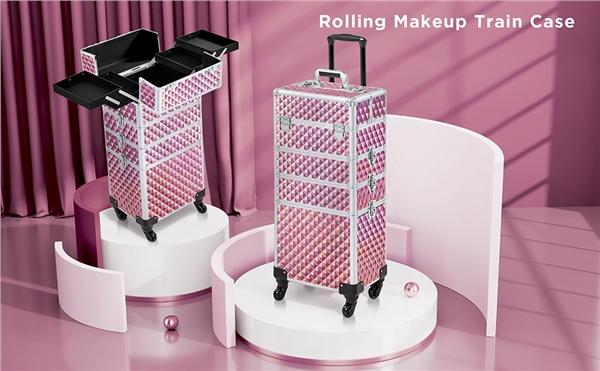 Yaheetech 4-in-1 Professional Rolling Makeup Train Case Extra-large 4-Tiered Aluminum Cosmetic Trolley Storage on Wheels Cosmetic Organizer Traveling Cart