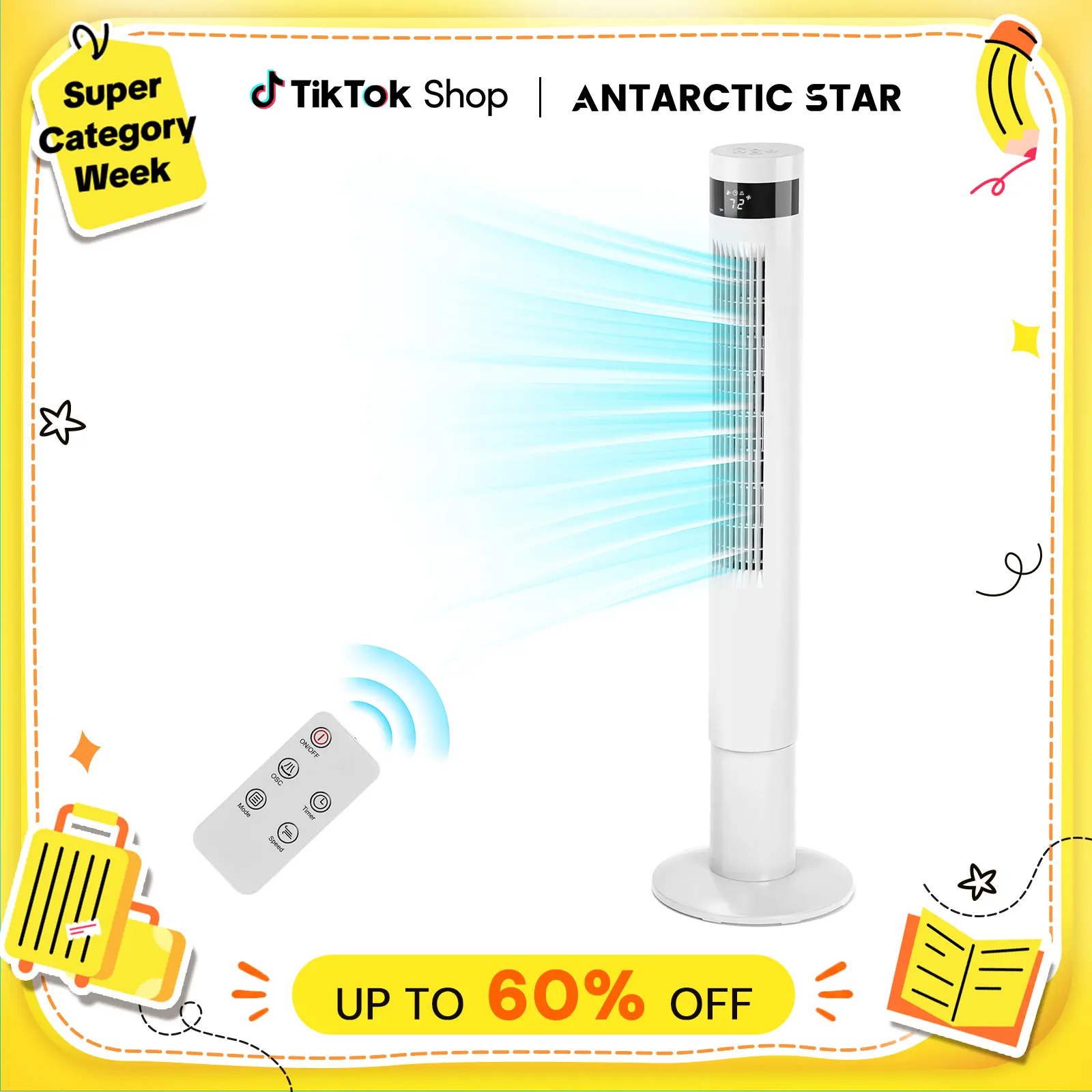 【Not Air Conditioner】Antarctic Star 43in Tower Standing Fan - 85° Oscillation, 12H Timer, Remote Control, Quiet Operation, Instant Airflow, Easy-to-Use for Bedroom, Home Office