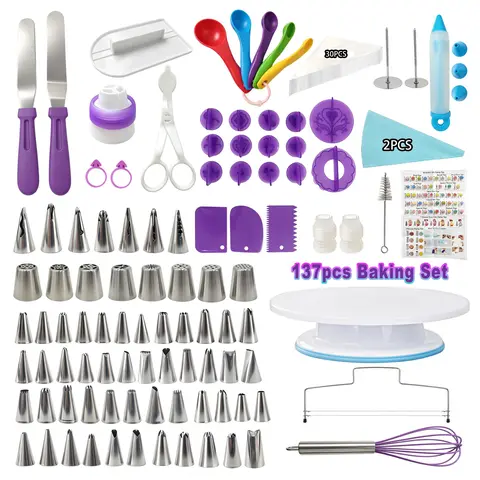 137-Piece Plastic Round Cake Decorating Supplies Set - Rotating Turntable, 58 Icing Tips, Piping Bags, Spatulas, Scrapers, Steel Baking Tools for Beginners, Halloween, Christmas Party, Ideal Gift
