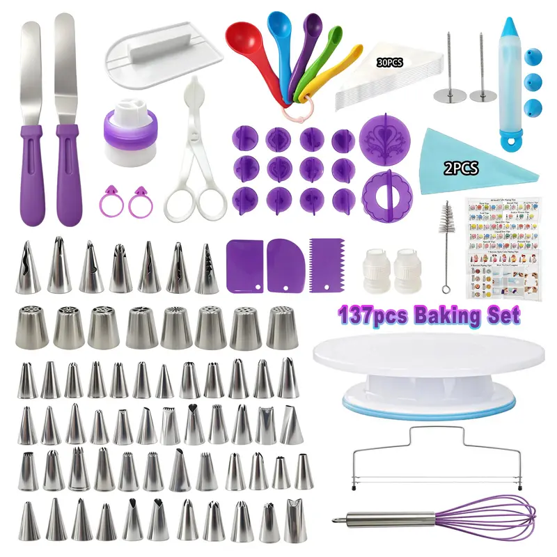 137-Piece Plastic Round Cake Decorating Supplies Set - Rotating Turntable, 58 Icing Tips, Piping Bags, Spatulas, Scrapers, Steel Baking Tools for Beginners, Halloween, Christmas Party, Ideal Gift