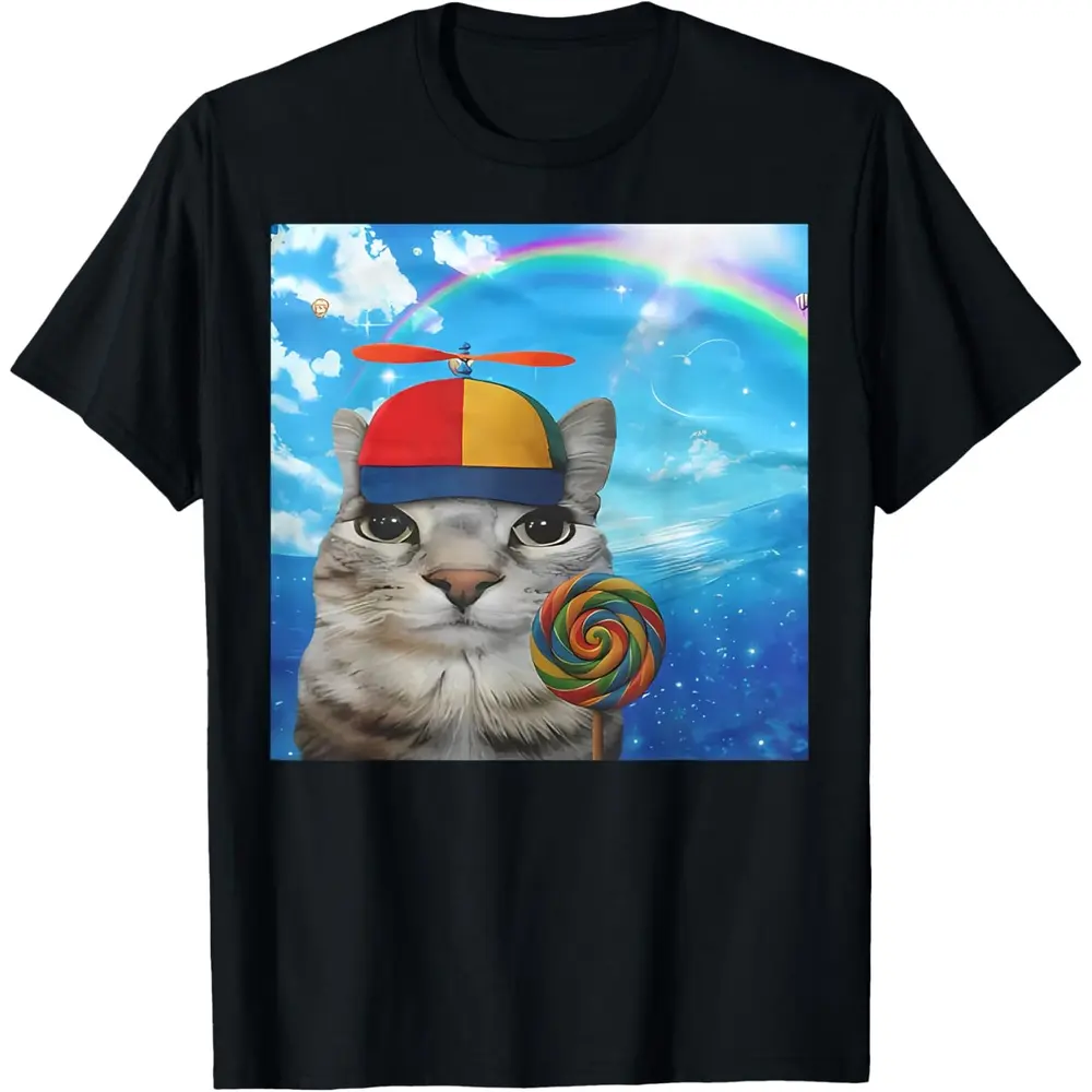 Men's Cotton Graphic T-Shirt - Short-Sleeve, Relaxed Fit, Happy Cat Dreamcore Funny Silly Kitten Brainrot Meme Round Neck