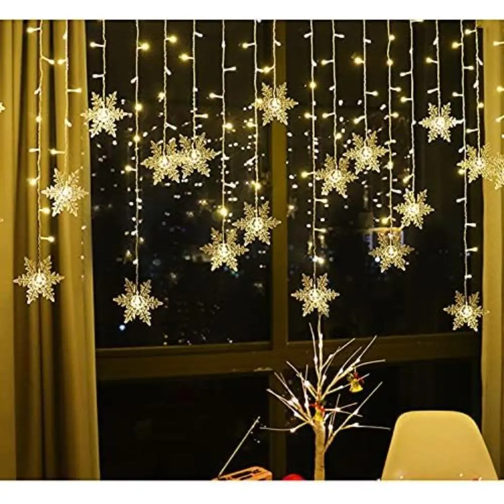 Plastic LED Snowflake Curtain Lights, 19ft 96 Warm White Plug-in String Lamp with 8 Adjustable Modes, Waterproof Soft Glow, Christmas Decor for Indoor Home Window, Room Decor & Glow Party
