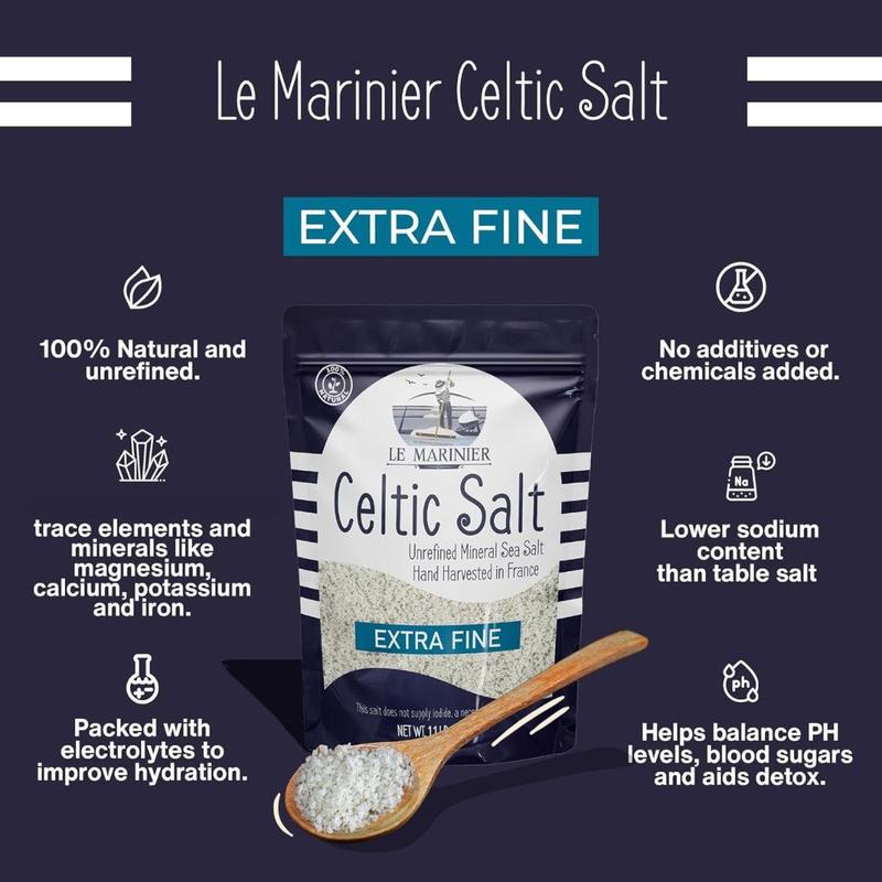 Le Marinier Celtic Salt Extra Fine 8.81oz Mineral-Rich Unrefined Sea Salt 100% Natural Hand Harvested Mineral Light Grey Electrolyte Low Sodium