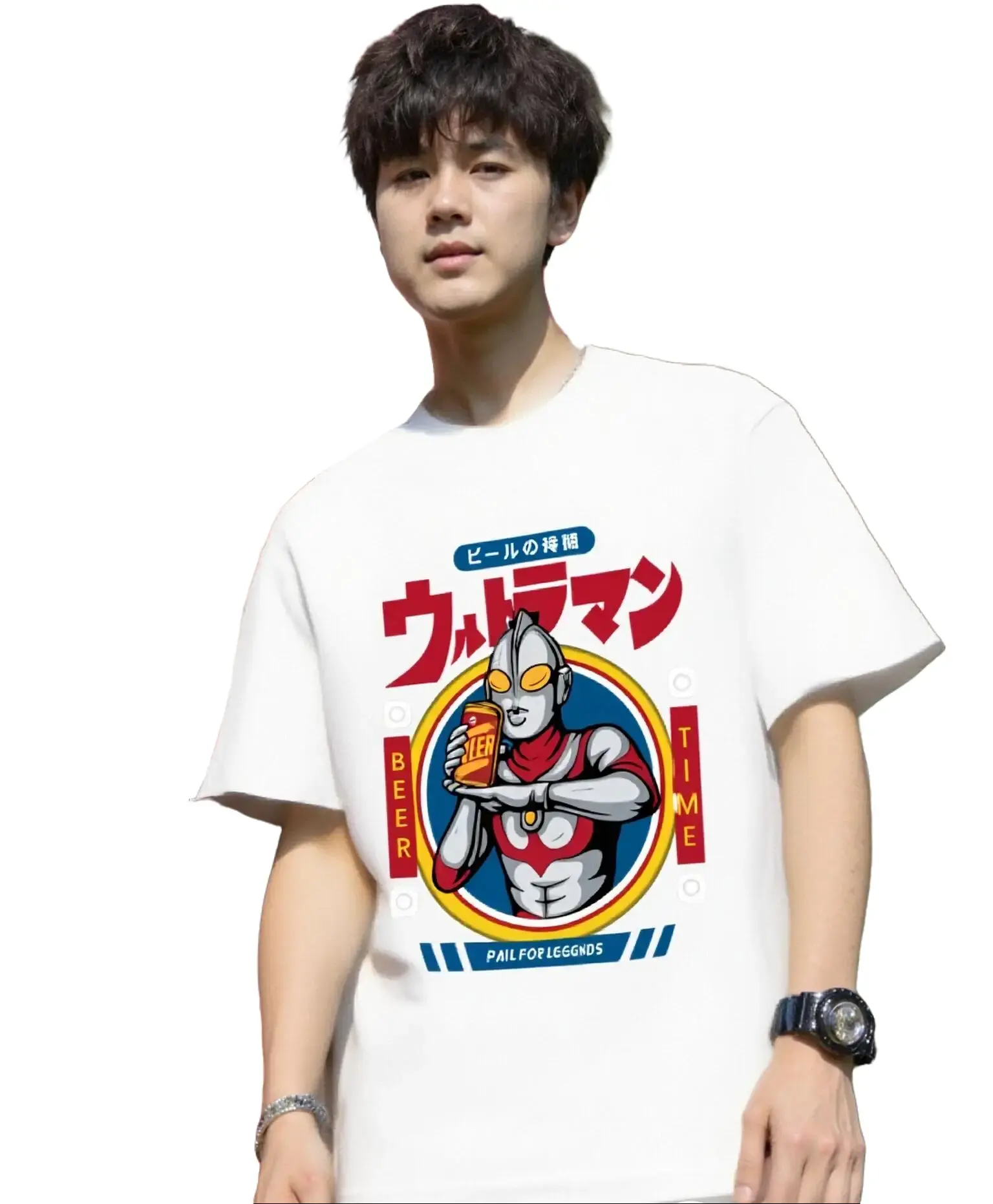 Men's Premium Cotton Short-Sleeve Round Neck T-Shirt - Classic Ultraman Anime Print, Hoodie-Inspired, Casual Streetwear, 180g Fabric, Sweat-Wicking, Tropical Top for Daily Wear & Cosplay, Reactive Ink, Casual Fit, White