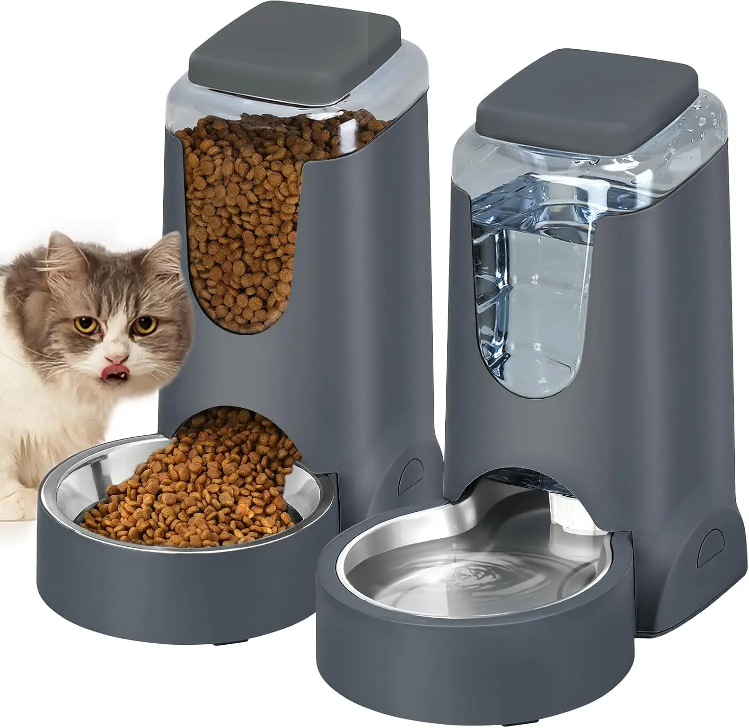 [Summervibes] Cat & Dog Gravity Feeder and Water Dispenser Set - 1 Gal x2, Stainless Steel Bowl, Transparent Polypropylene, Leakproof Valve, Food Storage, Hand Wash for Small-Medium Pets Puppy Kitten