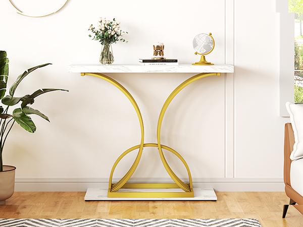 YITAHOME Gold Console Table, Modern Sofa Table for Living Room, Hallway, Entryway, 40 inch Narrow Entryway Table, Faux Marble White