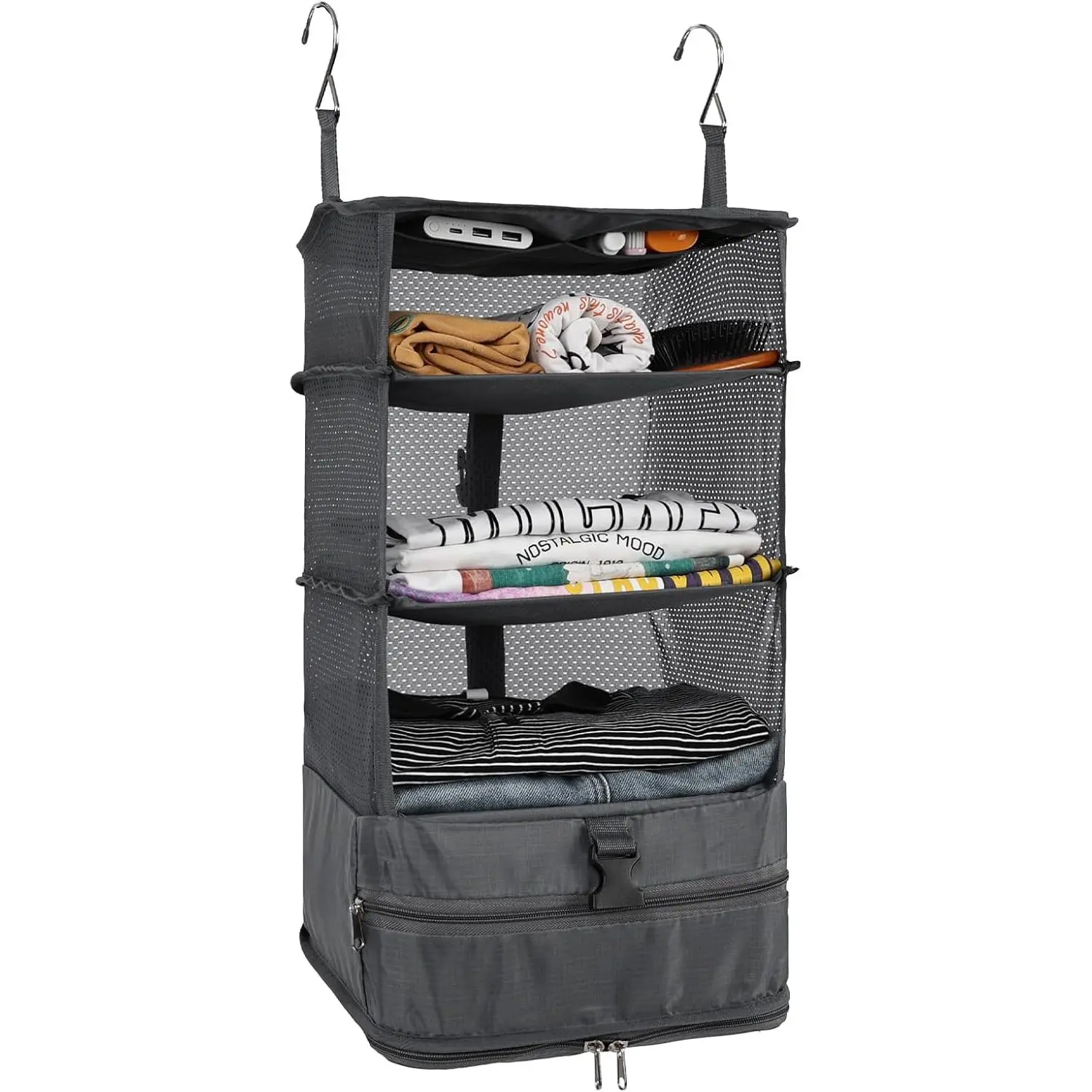 5-Tier Closet Organizer, Lightweight Foldable Mesh Hanging Shelves with Shoe Compartment for Luggage, Hotel & Bathroom, Campers, Dorm, Collapsible, Synthetic, 5 Separate Mesh Tiers, Sturdy, Travel Hanger Organizer, Compact, Mesh Shelves