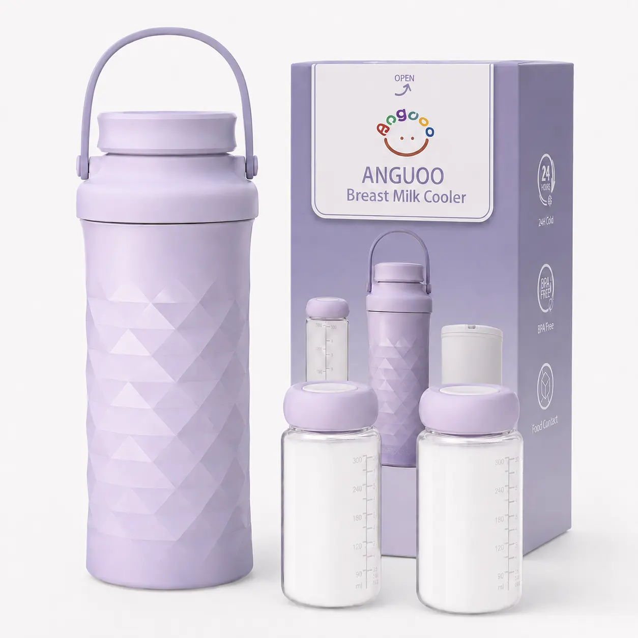 ANGUOO BPA-Free Eco-Friendly Stainless Steel 22oz Portable Breast Milk Cooler, 360° Total 24-Hour Cooling, Larger Capacity Travel Chiller with 2 Milk Storage Bottles, Leakproof Insulated Flask for Working Moms (Daycare Drop-Offs, Outdoors)