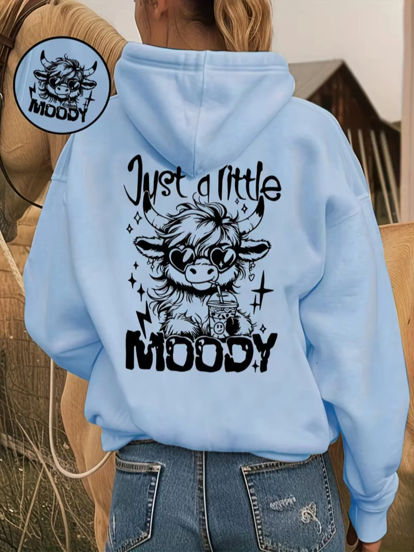 Women's Fashion Core Washed Hoodie Pullover Fitted Just a Little Moody Letter & Cow Drinking Milk Tea Print Pattern, Long Sleeve Kangaroo Pocket, Casual Everyday Fall Winter Wear Graphic Sweatshirts, Casual Hooded Sweatshirts