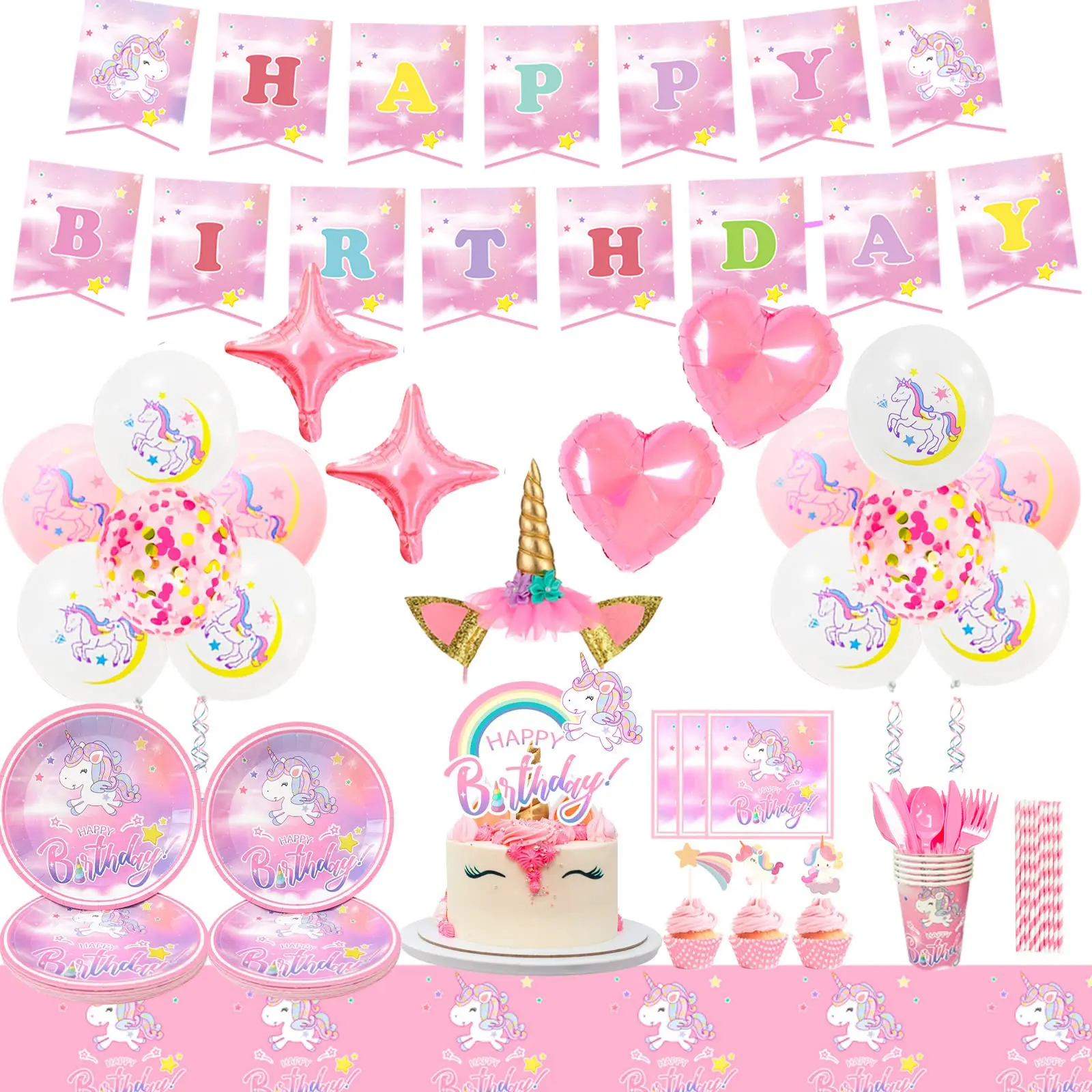 Unicorn Theme Disposable Party Decorations & Tableware Set for 16 Guests - 350gsm Paper Plates, Multi-Size Leakproof Cups, Napkins, Straws, Tablecloth, Balloons, Banner, Gold Glitter Headband - Kids' Home Festive Supplies