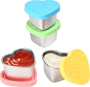 4 Pack Heart Shaped Stainless Steel Salad Dressing Containers with Lids, 2.1 oz Reusable Condiment Cups for Lunch Box, Bento Box, Meal Prep, Travel