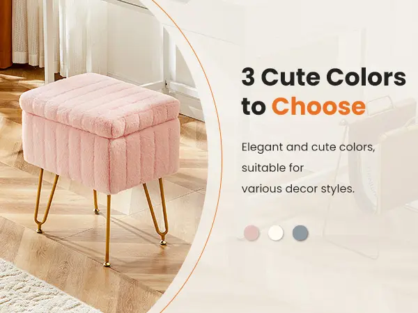 Vanity Stool Chair with Storage, Ottoman Faux Fur Soft Padded Makeup Footstools Seat with 4 Metal Legs Anti-Slip Adjustable Feet