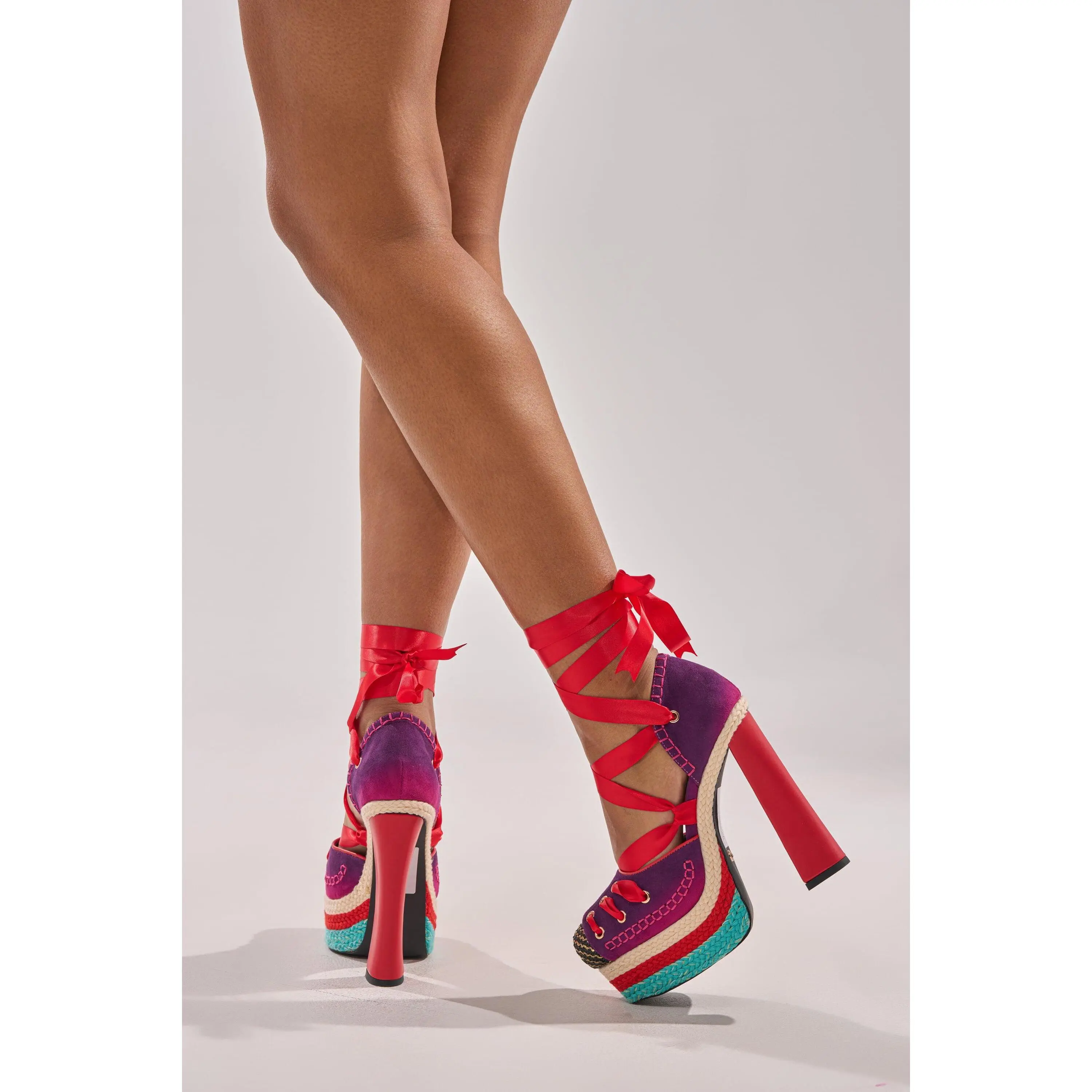 AKIRA GOLD FONTEYN RED MULTI CHUNKY PLATFORM LACE UP PUMP