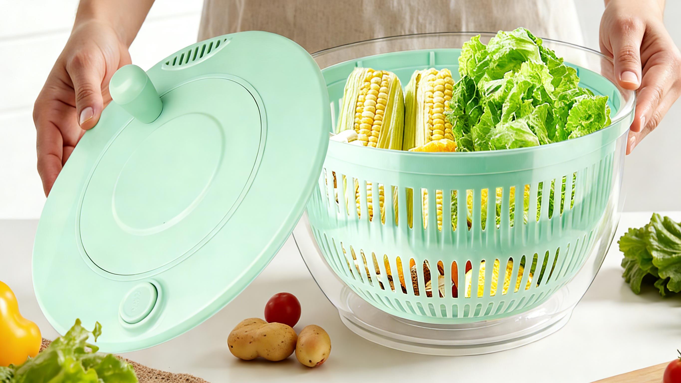 UFORU Salad Spinner Large, 3 IN 1 Vegetable and Fruit Washing Bowl with Strainer, Lettuce Spinner with 5 Blades Slicer, Egg Yolk Strainer, Salad Bowl for Efficient Salad Preparation, 5.3 Qt Kitchen Gadgets Set