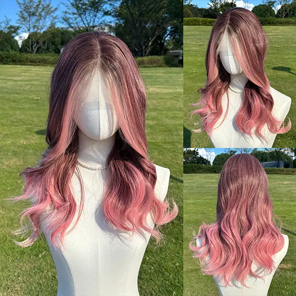 SMILCO 22Inch Ombre Brown Ash Pink 13*4 Free Part Lace Front Wig, Female Fit, Heat Safe, Natural Blend Ombre Mix Medium Curly Synthetic Wig SM9658, Lace Front Wigs, Seamless Lace