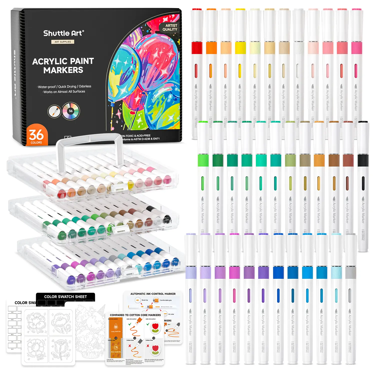 Shuttle Art Automatic Ink Control Acrylic Paint Markers, 24/36/60/96 Colors Brush Tip Acrylic Paint Pens for Rock Painting, Ceramic, Wood, Canvas, Glass, Stone, Fabric, Card Making, DIY & Art Supplies modelpaintingmarkers,Pastel,Metallic