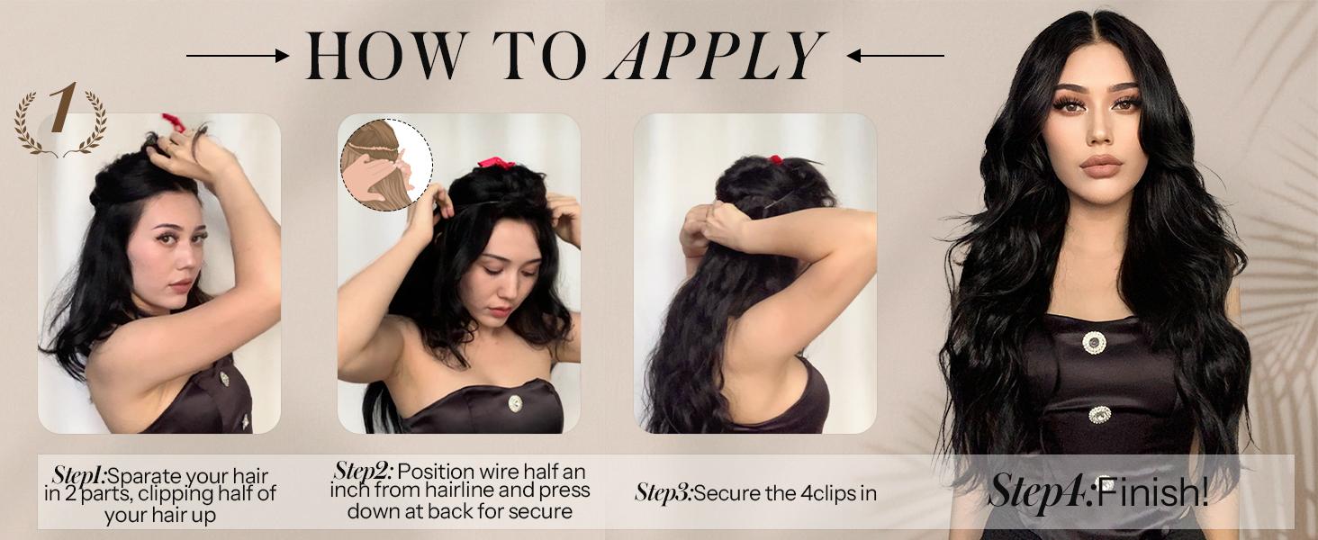 AISI HAIR Invisible Wire Waves Hairextensions Black  with Transparent Waves Hairpieces for Women, Long Curly Wavy 4 Secure Clips halo, Heat Resistant Synthetic Wiglets Hair Weave,summerwins