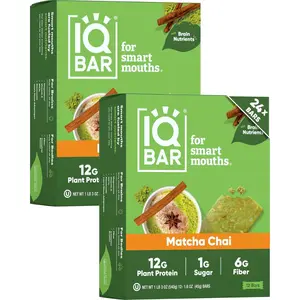IQBAR Plant Protein Bars - Brain & Body Nutrients for Focus, Energy, Meal Replacement, Matcha Chai - 24 Count