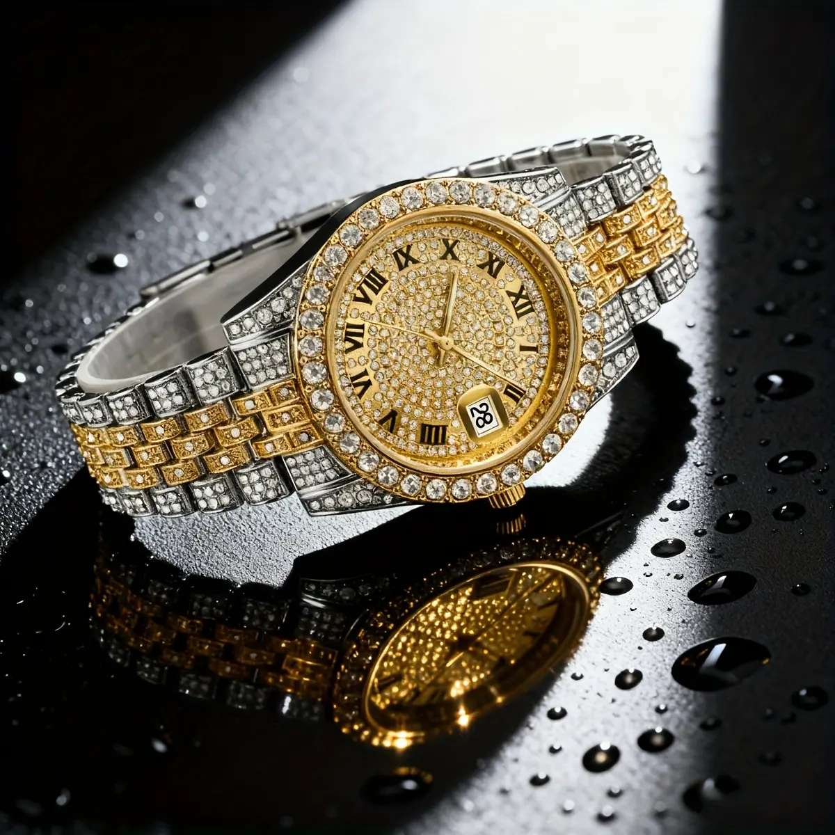 MaxBling81 Men's 2-Tone Gold Plated Quartz Watch, Hip Hop Rapper Style, Iced Bling Simulated Diamond, Luxury Date Function, Modern Fashion Wristwatch, Gold Plated Watch