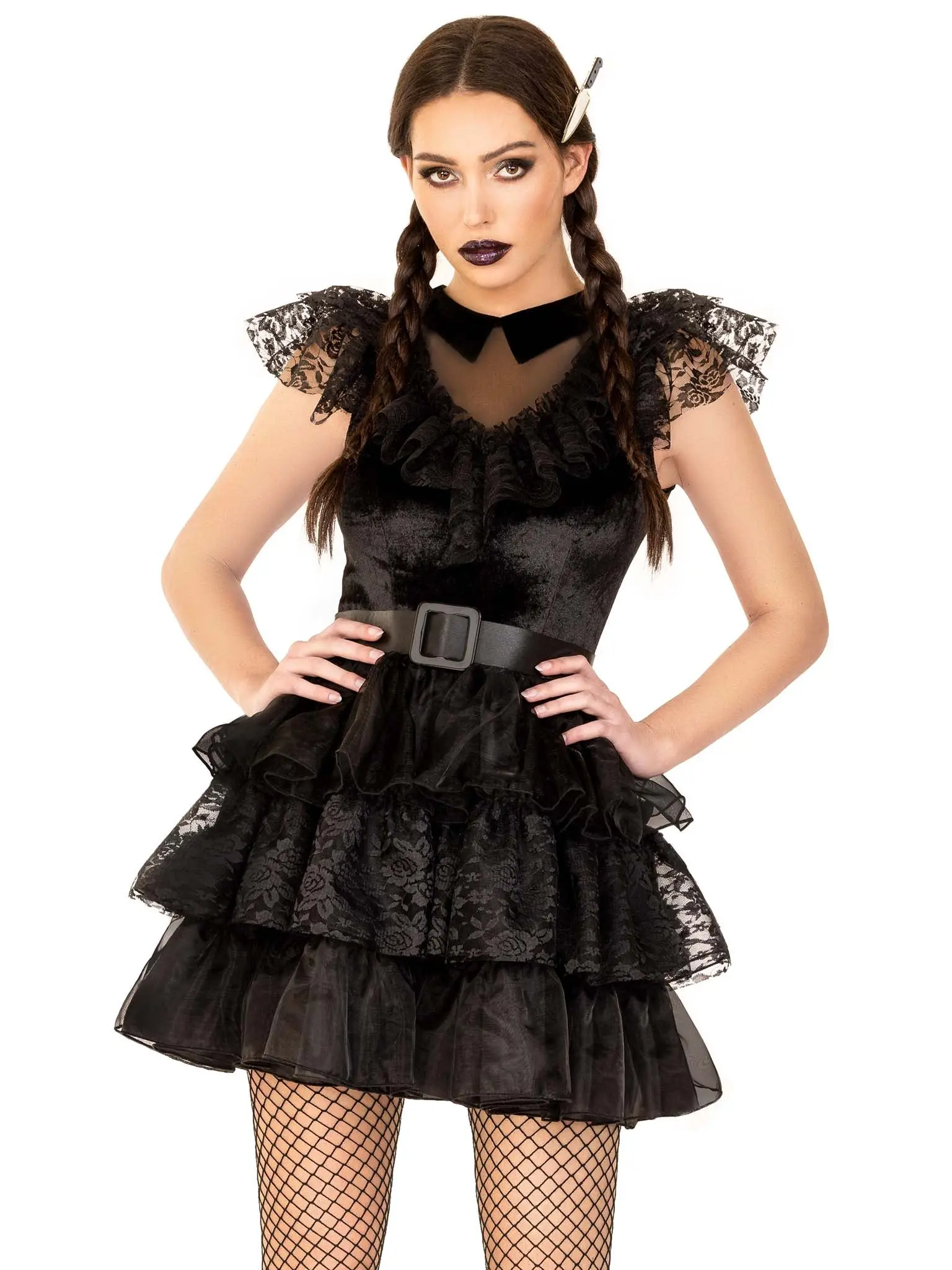 Raving Rebel Women's Cute Gothic Cosplay Clothes - 3-Piece Velvet Dress with Tiered Organza Skirt, Lace Accents, Belt, Knife Hair Clip Halloween Dance Accessories, Fit, Funny, Gothic Dance, Rebelde Halloween Costume, Black Dress Halloween Costume