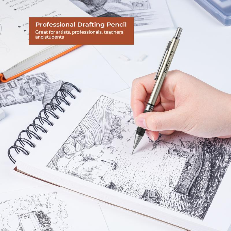 Nicpro Art Mechanical Pencil Set in Case, 4 PCS Metal Drafting Pencil 0.5 mm & 0.7 mm, Lead Pencil with 6 Tube HB Lead Refills, 3 Erasers, 9 PCS Eraser Refills for Artist Writing, Drawing, Sketching Nicpro Art Mechanical Pencil Set in Case, 4 PCS Metal Drafting Pencil 0.5 mm & 0.7 mm, Lead Pencil with 6 Tube HB Lead Refills, 3 Erasers, 9 PCS Eraser Refills for Artist Writing, Drawing, Sketching
