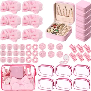 6 set Spa Party Favors for Women & - Pink Sleepover Supplies with Headbands, Wristbands, Scrunchies, Hair Clips, Jewelry Case, Makeup Bags & Mirrors Valentine, Party Events girls  Gift Set  Celebration Prizes
