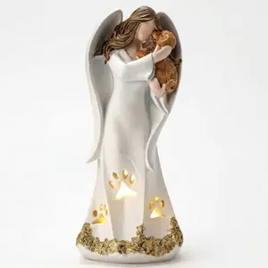 ILoveU Memorial Gifts for Pet Loss Hand-Sculpted Dog Sympathy Gifts in Granite with Angel Design and Lighted Paw Prints