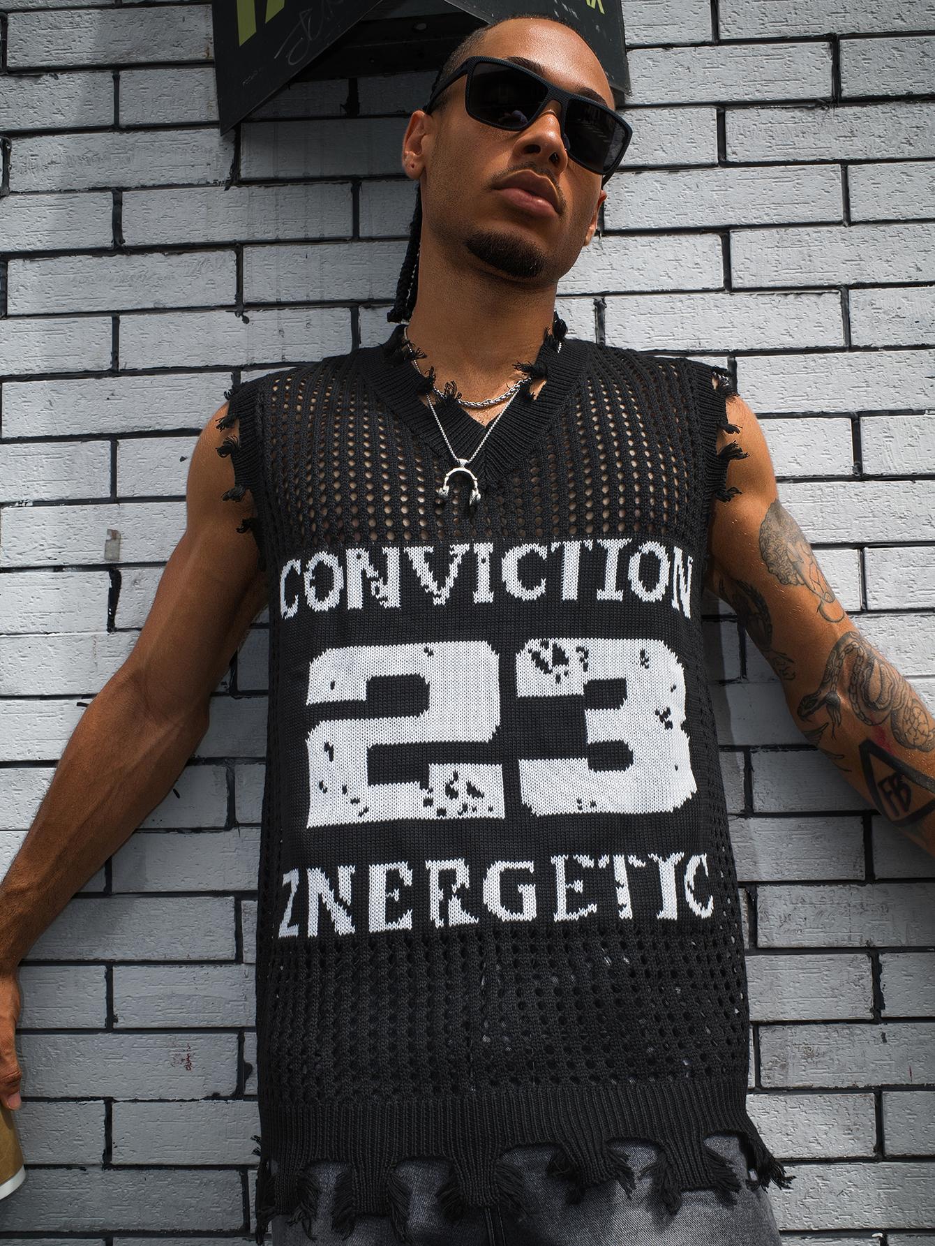 HYPESTFIT Men's Number Sleeveless Knit Top Distressed V-Neck Open-Knit Tank Loose Fit Army Green Fashion Knitwear