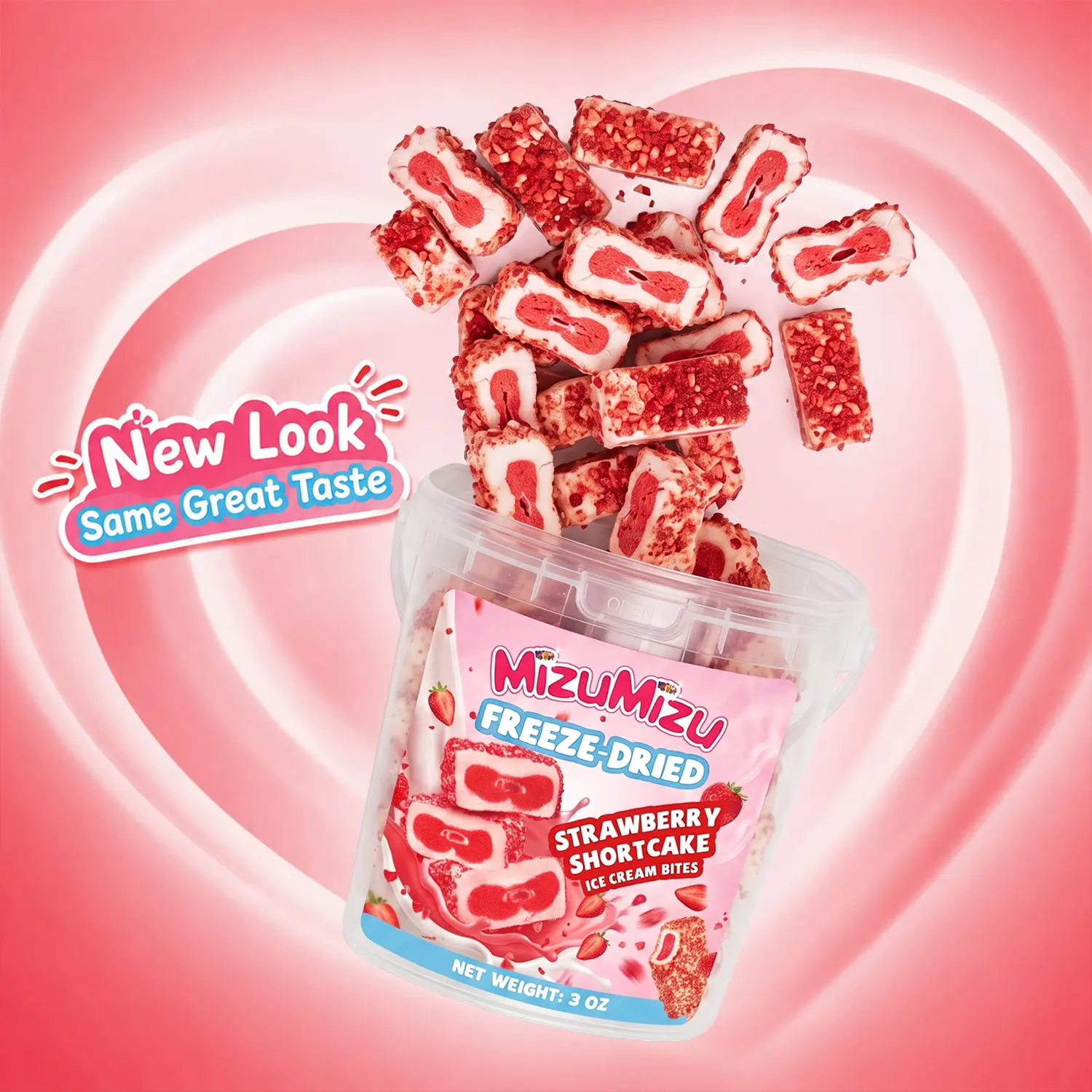 MIZUMIZU Freeze-Dried Strawberry Shortcake Ice Cream Bites - Crunchy Bite Food Snack, No Melting, Multi-Size, Strawberry-Vanilla Dessert Content, Bites Boiled & Hard Sweets