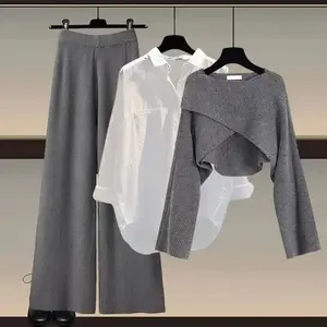 Knitted sweater shirt wide leg pants three-piece autumn and winter suit women's 2025 new plus size women's fashion slimGift
