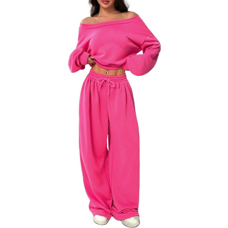 Two Piece Sets for Women Fall Sweatsuits Long Sleeve Off Shoulder Top Wide Leg Sweatpants Lounge Sets Tracksuit