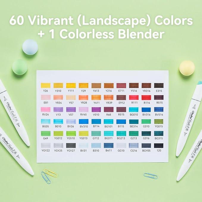 Ohuhu Alcohol Markers: Mini Brush & Slim Broad 60 Illustration Colors/60 Landscape Colors Dual Tip Brush Tip for Artists Adults Coloring Illustration- Refillable - Kaala B Series of Ohuhu
