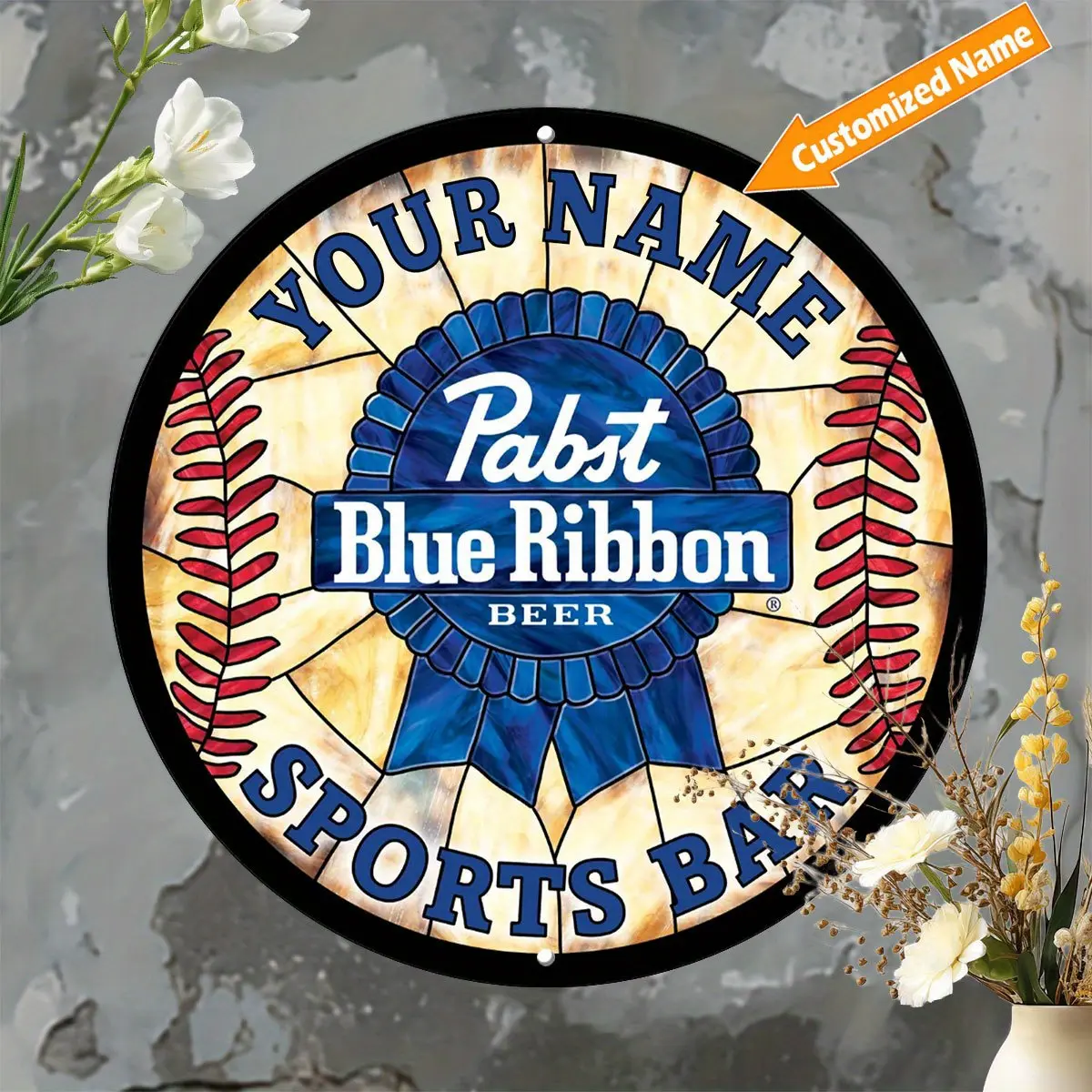 1pc Customized Pabst Blue Ribbon Tin Beer Logo Retro Aluminium Decorative Plaque - Personalized Name/Text, Vintage Logo, Red Stitching, Durable Wall Decor, Gift for Man Cave, Bar Custom Decoration