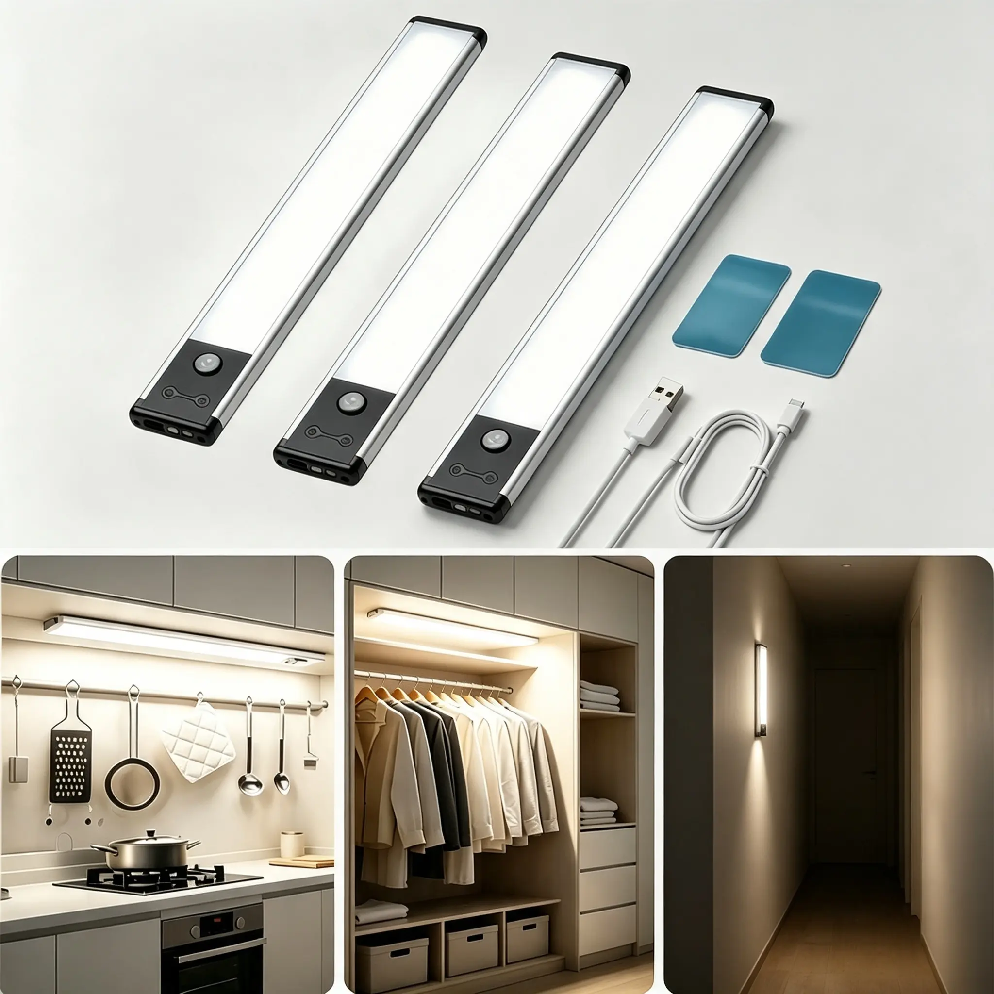 2 pcs 2000mAh Rechargeable Punch-Free Wireless Magnetic Motion Sensor Light Multi-scene Use for Wardrobe, Kitchen, Bathroom, Hallway Corridor Organiser
