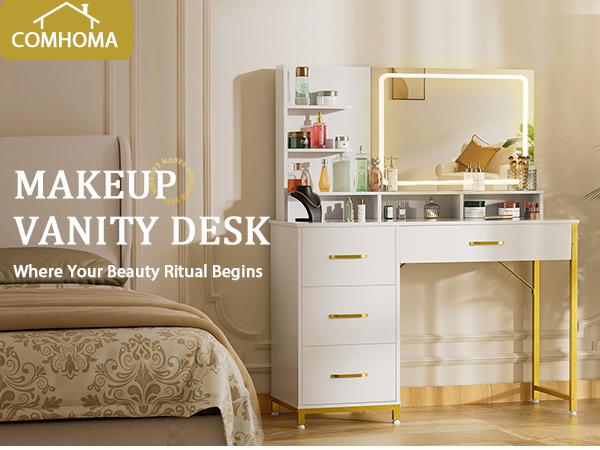 COMHOMA Vanity Desk with Mirror and Lights Makeup Vanity Table with 4 Drawers & Storage Shelves Large HD Mirror 3 Color Modes & Adjustable Brightness Modern Dressing Table for Bedroom Pearl White