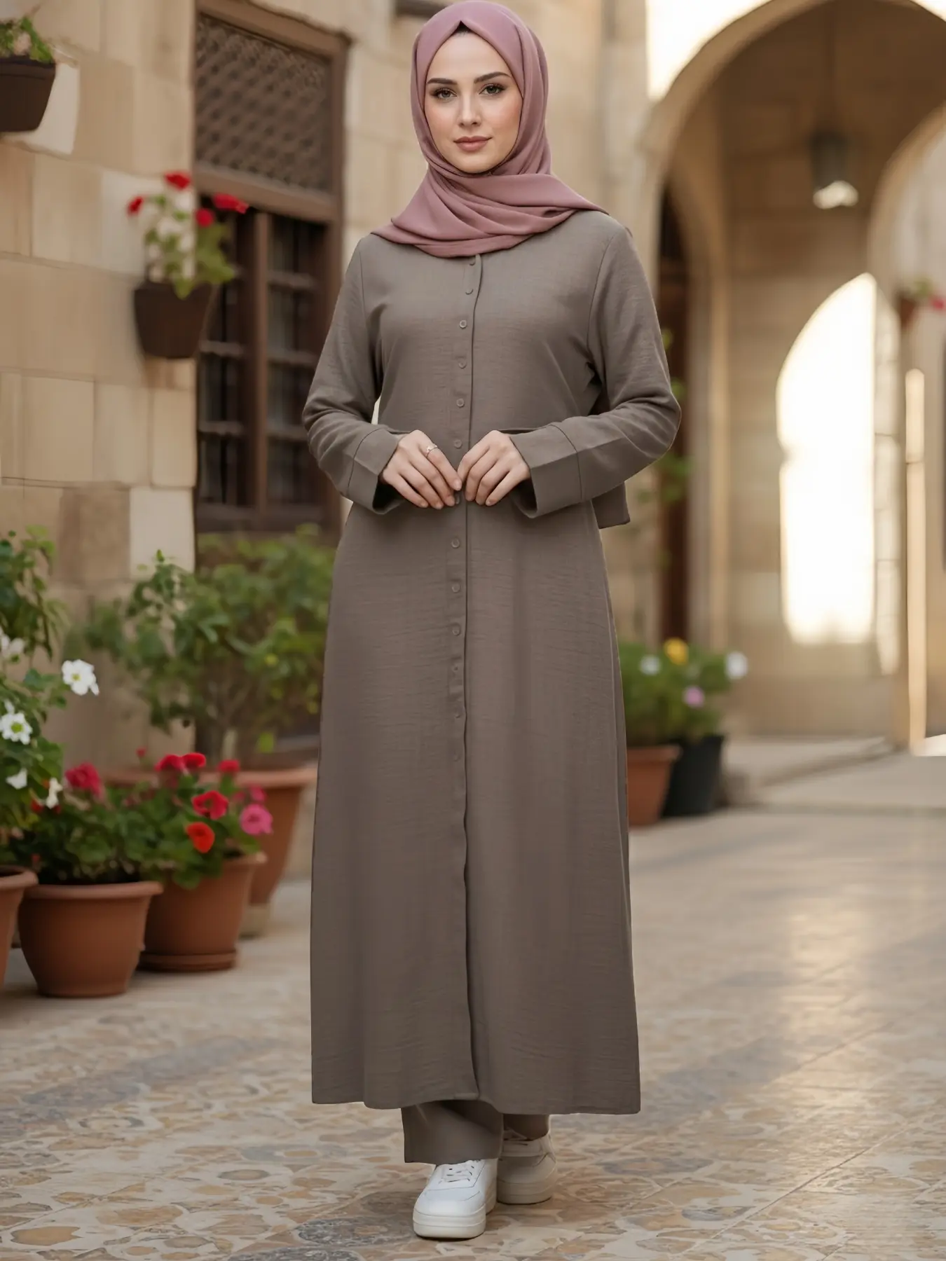 Two-Piece Long-Sleeve Shirt Set with Belted Waist & Loose-Fit Pants, Breathable Linen-Like Fabric with Pockets, Casual Modest Abaya Hijab Set, Outfit Sets Women Clothing, Clothes Sets