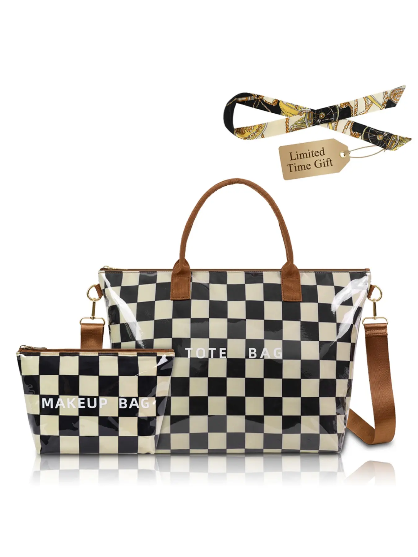 2 Piece Retro Women's PVC Tote Bag Set, Checked Pattern Tote, Large Capacity Lightweight Shoulder Shopping Bag with Long Strap, Stylish and Portable, Fashionable Bag Set, Fashionable Patterned Bag