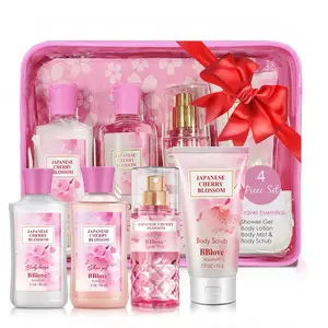 Valentine's Day Bath and Body Gift Set for Women & Girls, Japanese Cherry Blossom, 4PCS Set for-Shower Gel, Body Lotion, Body Mist, Exfoliating Scrub, Body Care Travel Set for Birthday Mother's Day Gifts,Wedding Gavor