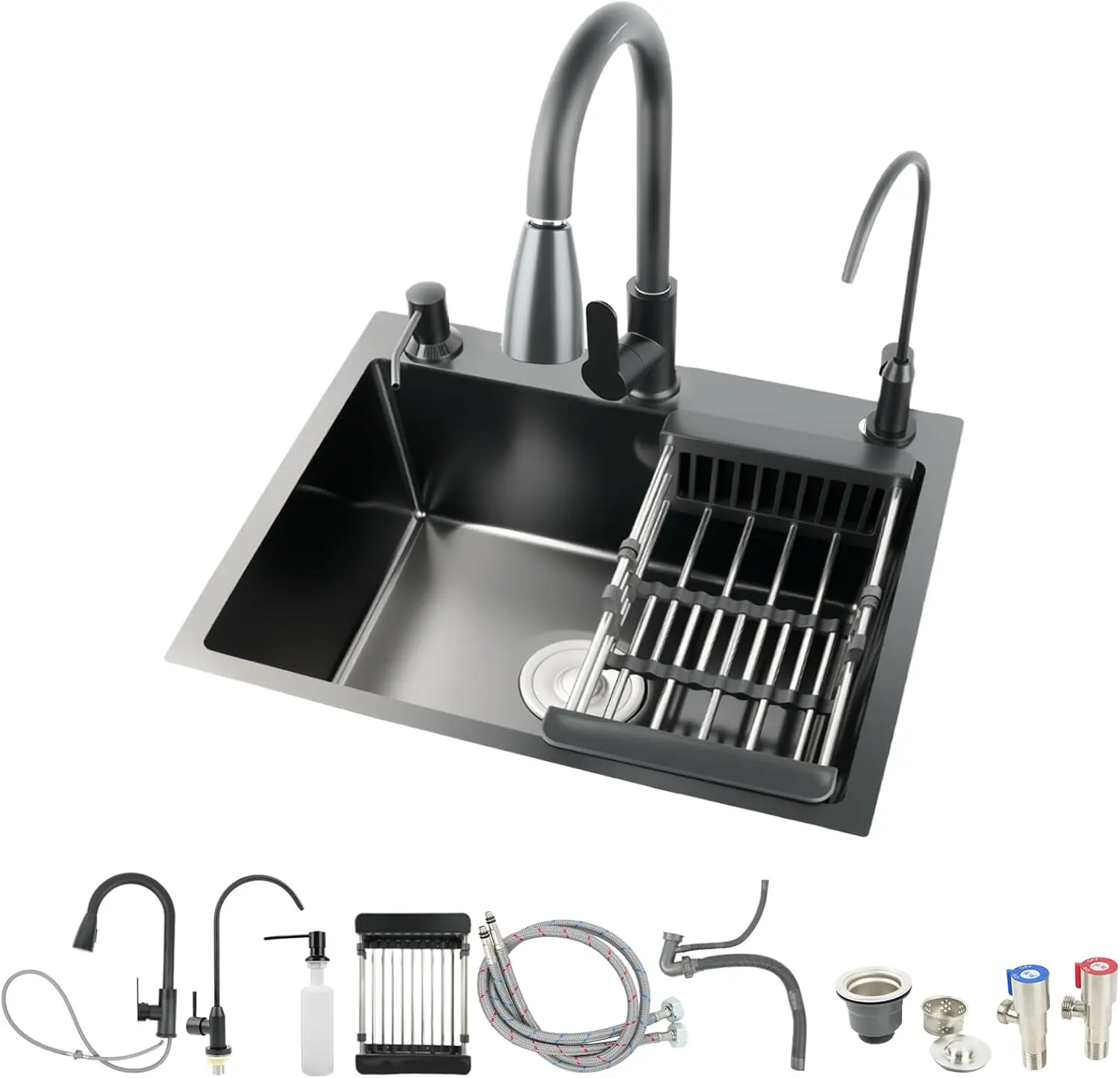 19.7x17.7in Kitchen Sink, Stainless Steel Kitchen Basin with Pull-Down Faucet, In/Topmount Single Bowl Workstation withMultiple Accessories for Modern Kitchens, Farmhouse Workstation, Black