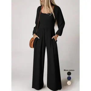 Women's Solid Shirred Pocket Jumpsuit, Elegant Bishop Sleeve Square Neck Jumpsuit for Fall & Winter, Women's Clothes for Daily Wear（gift） Garment Womenswear