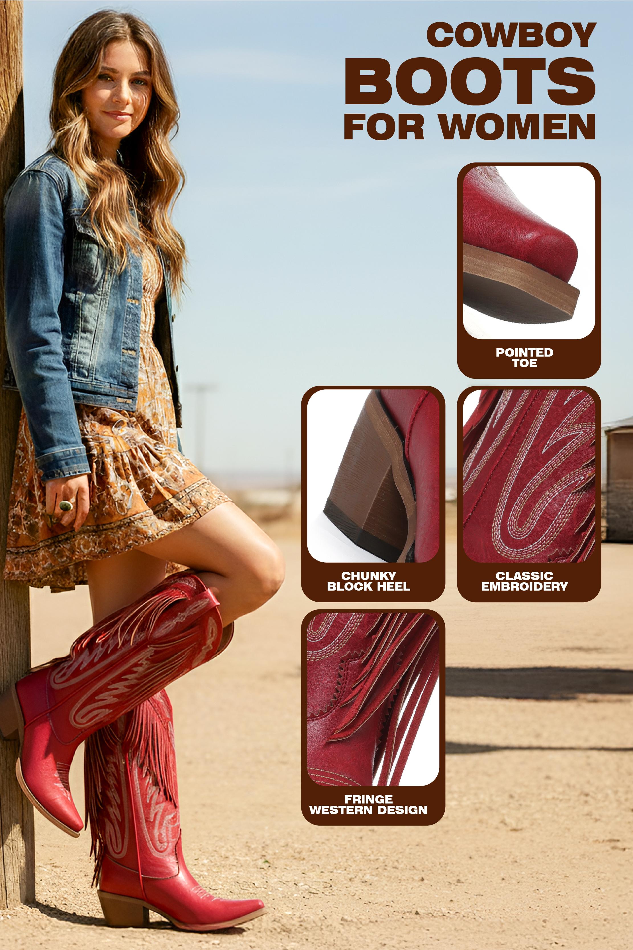 CELNEPHO Women Cowboy Boots Pointed Toe Fringe Boot Knee High Western Booties Block Heel Pull on Tabs Embroidered Retro Booties Western Wedding Cosplay Wear Gift Spring Dress Shoes