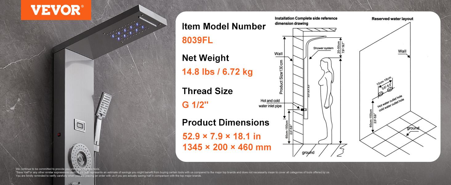 VEVOR Shower Panel System, TikTokShopBlackFriday, 6 Shower Modes, LED & Display Shower Panel Tower, Rainfall, Waterfall, 4 Body Massage Jets, Tub Spout, Handheld Shower Head 59" Hose, Stainless Steel Wall-Mounted Shower Set