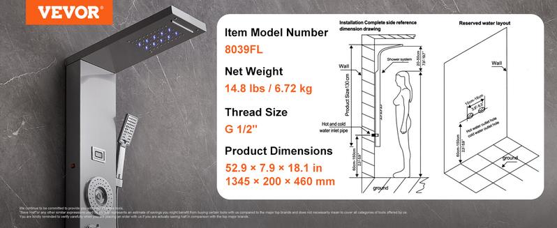 VEVOR Shower Panel System, TikTokShopBlackFriday, 6 Shower Modes, LED & Display Shower Panel Tower, Rainfall, Waterfall, 4 Body Massage Jets, Tub Spout, Handheld Shower Head 59" Hose, Stainless Steel Wall-Mounted Shower Set